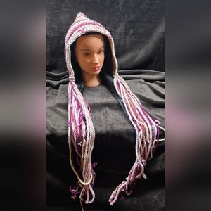 Handmade Yarn Pixie Hood with Long Tassels - Pink & Cream